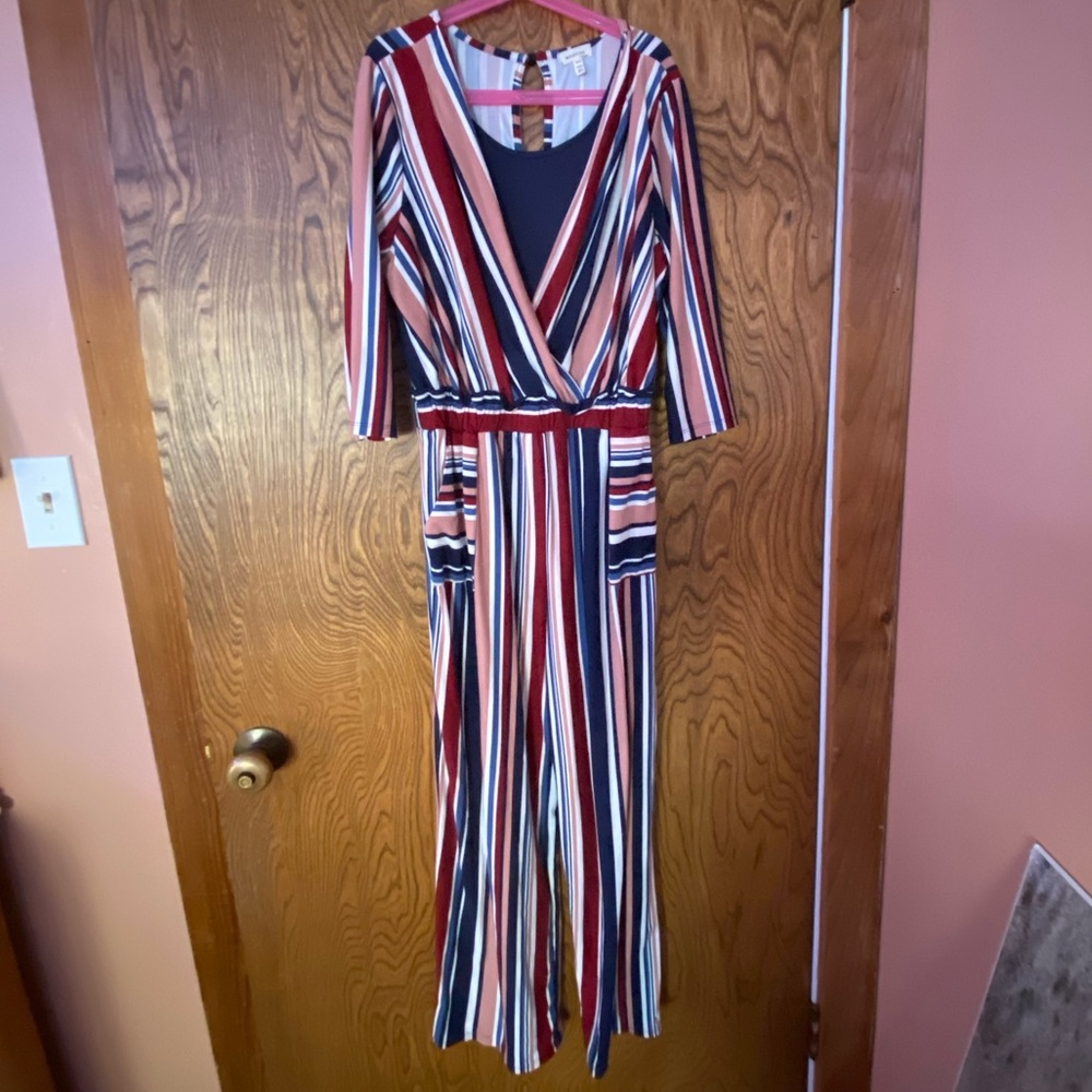 Maroon, light pink, white, and dark blue romper.